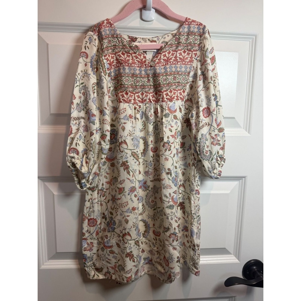 Arnhem Kids Floral Boho Shift Dress Cream Red Blue 100% Ecovero Size 5-6Y